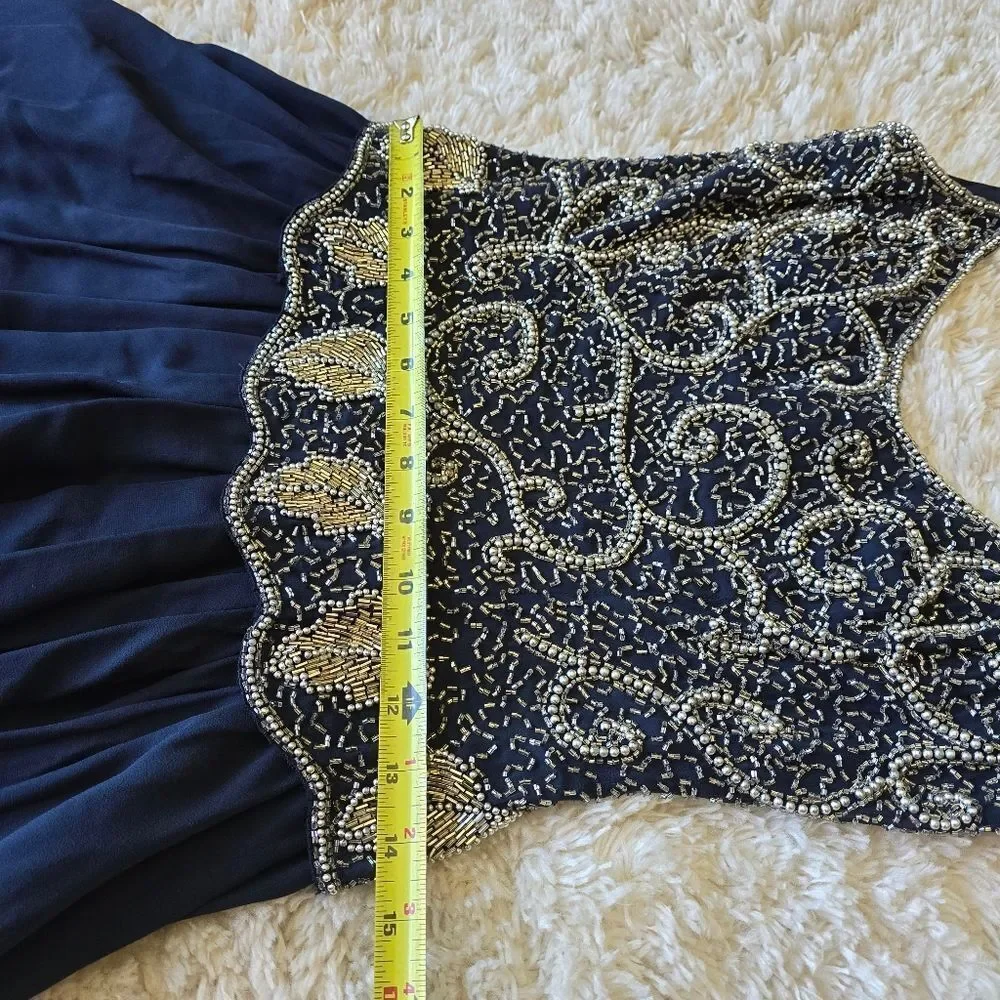 BLACK TIE OLEG CASSINI Elegant Navy Blue Beaded Dress 100% Silk Size 6 Glam Prom